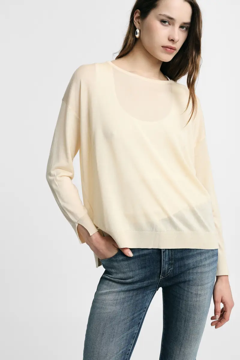 Maglione girocollo regular con maniche lunghe Beige miniatura 2