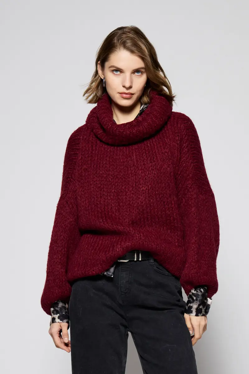 Maglione oversize collo alto maniche lunghe Bordeaux miniatura 2