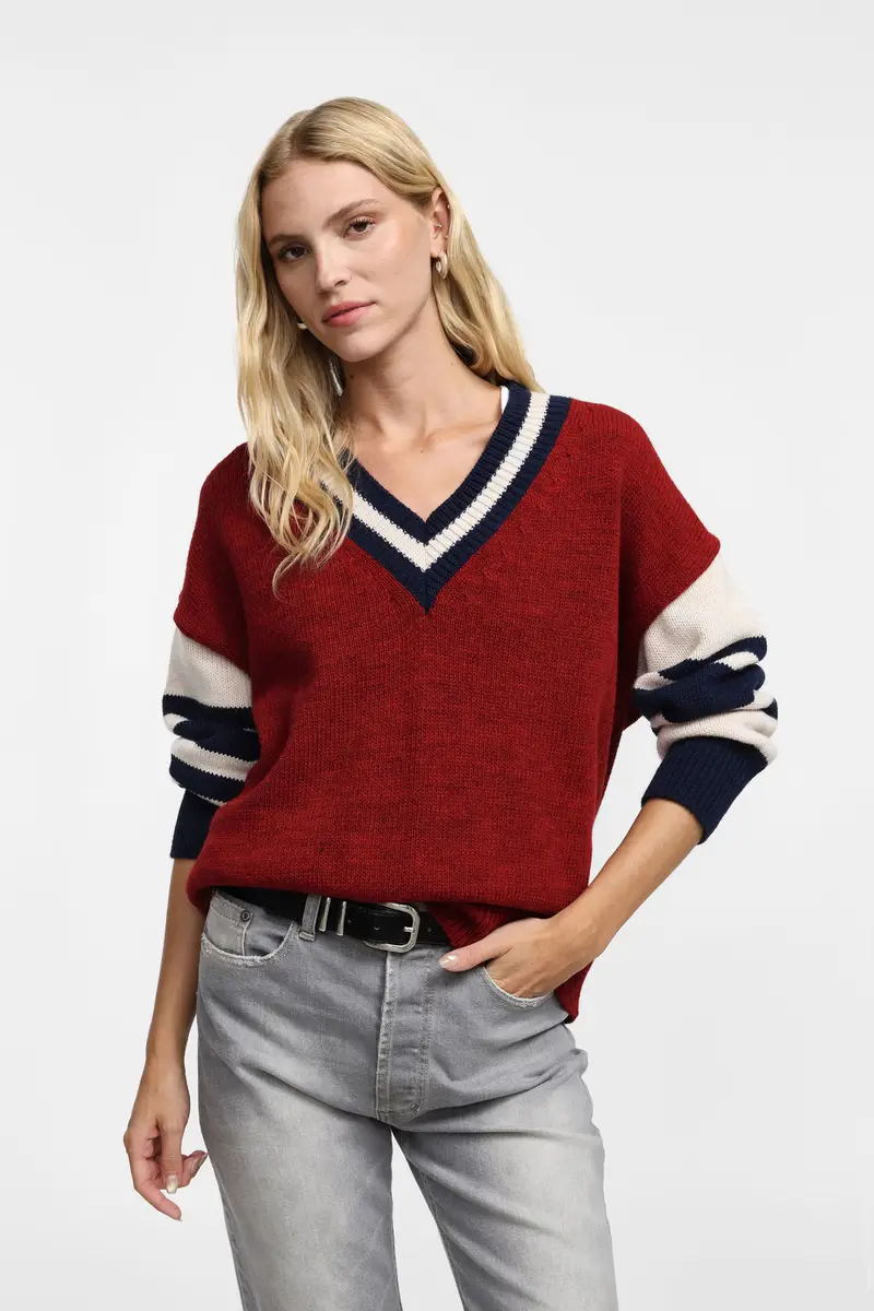 Maglione oversize con righe a contrasto Bordeaux miniatura 2