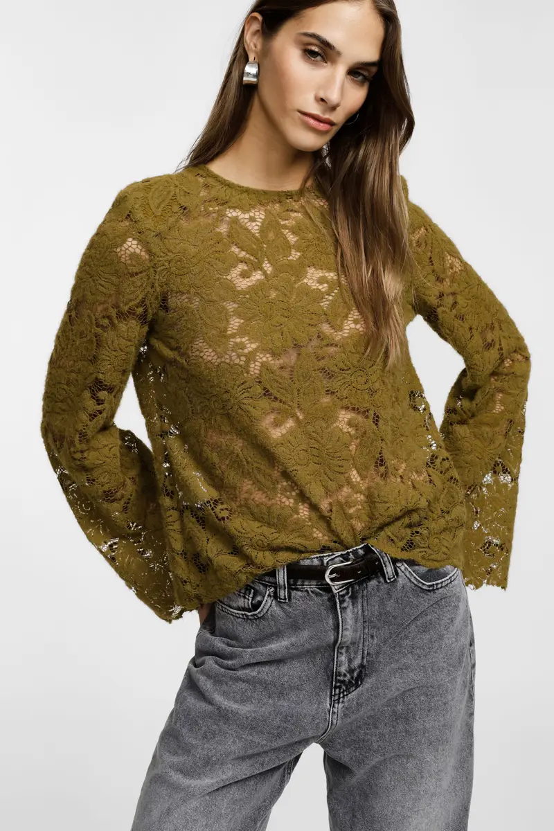 Maglione pizzo floreale maniche lunghe girocollo Olio miniatura 2