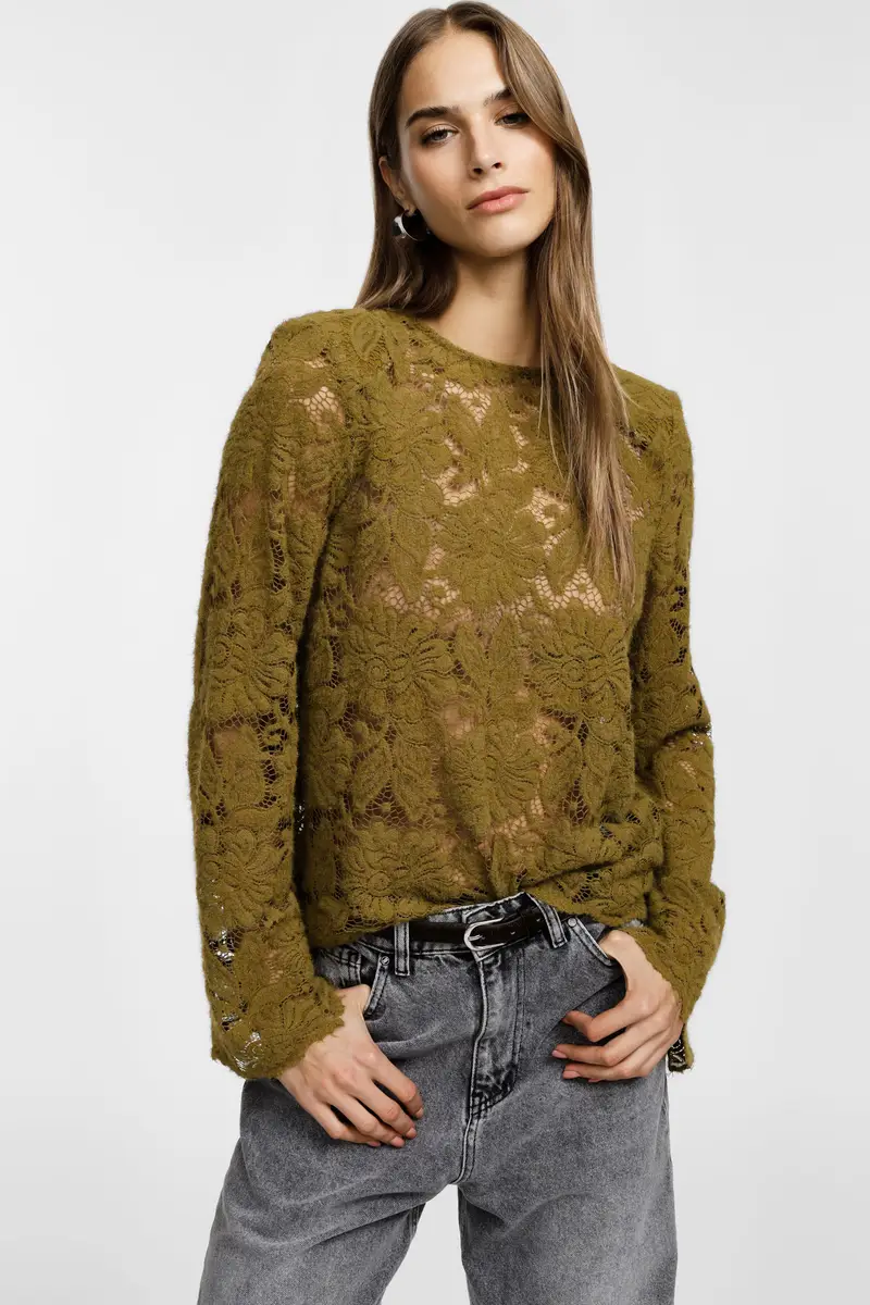 Maglione pizzo floreale maniche lunghe girocollo Olio miniatura 3