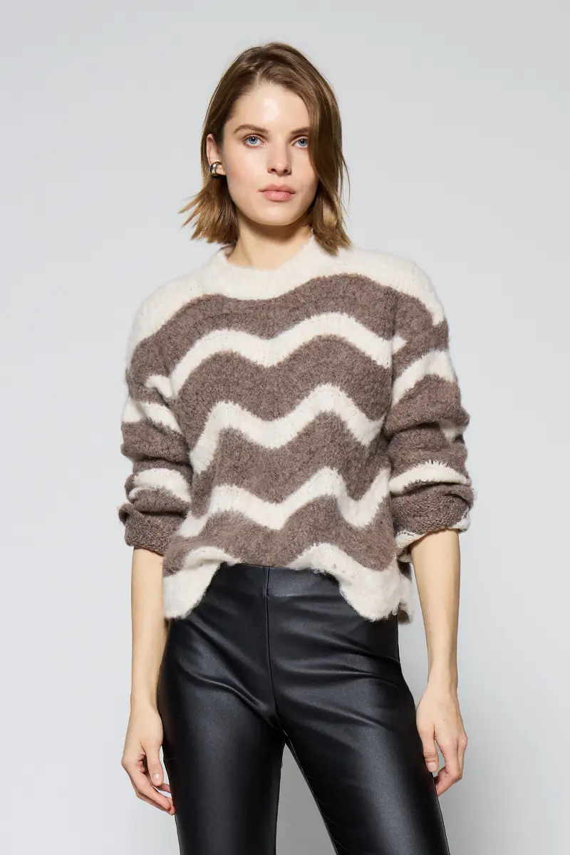 Maglione pullover a righe ondulate girocollo Panna miniatura 2