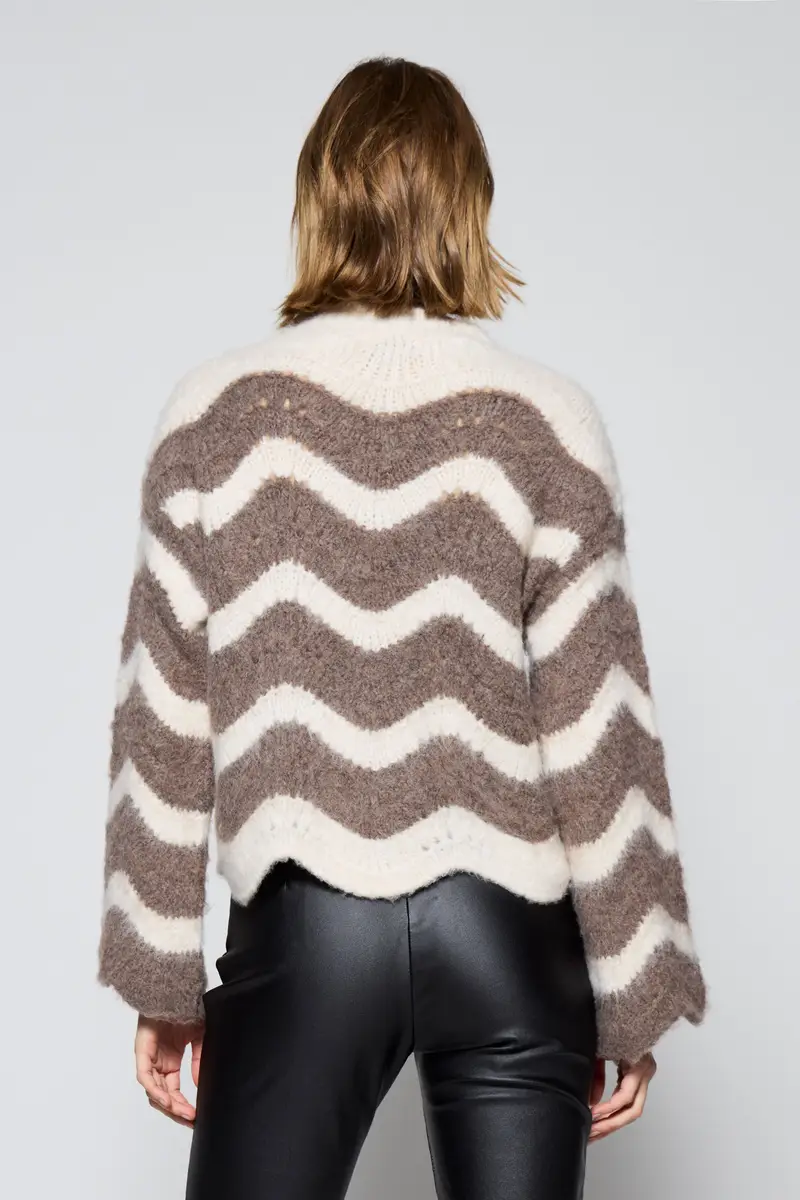 Maglione pullover a righe ondulate girocollo Panna miniatura 3