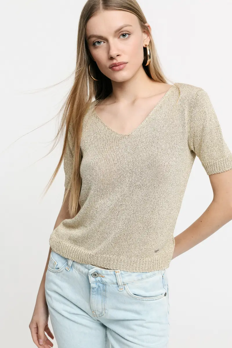 Maglione scollo a v con maniche corte Oro miniatura 2