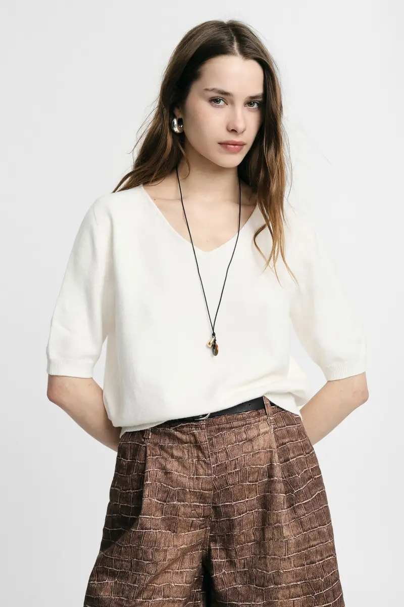 Maglione scollo a v maniche al gomito tinta unita Panna miniatura 2