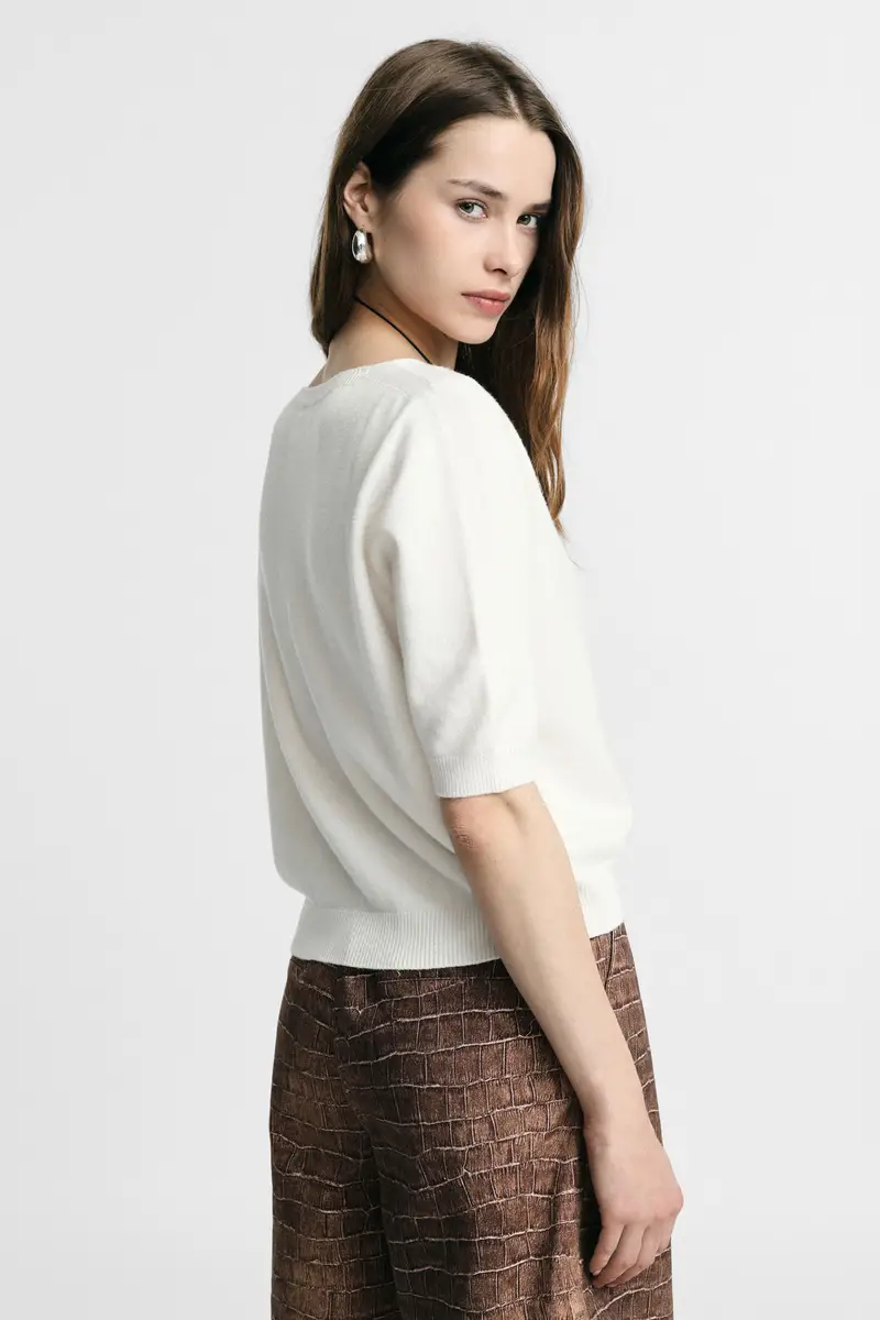 Maglione scollo a v maniche al gomito tinta unita Panna miniatura 3