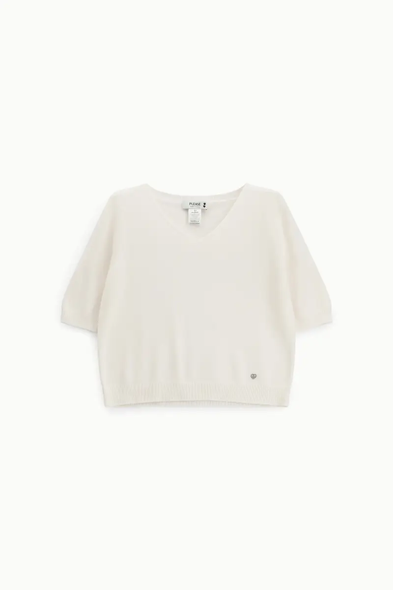 Maglione scollo a v maniche al gomito tinta unita Panna