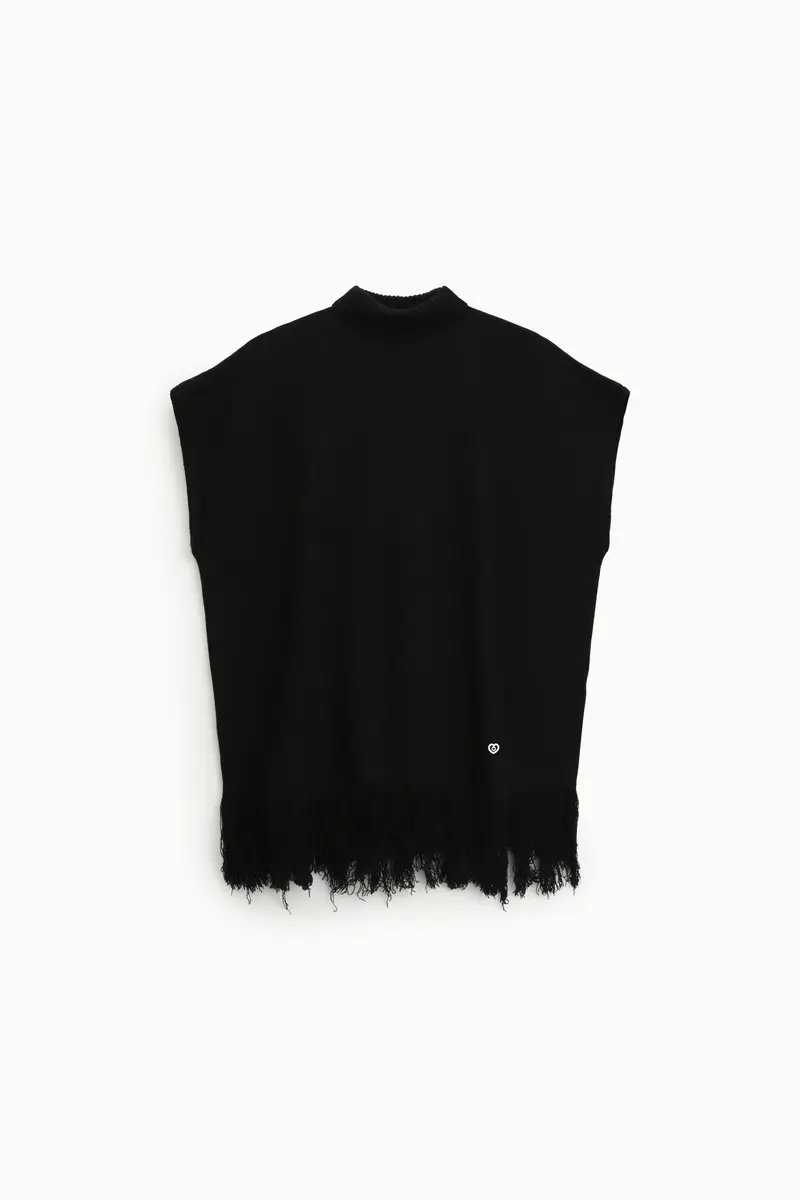 Maglione smanicato con frange e collo alto Nero