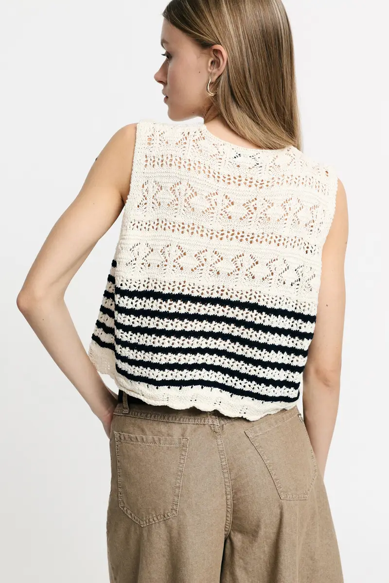 Maglione smanicato traforato a righe con bottoni Undyed miniatura 3