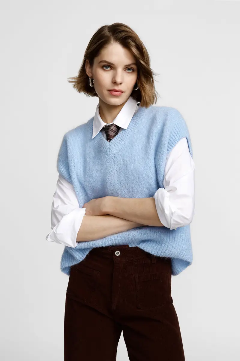 Maglione smanicato v-neck fit rilassato Azzurro miniatura 2