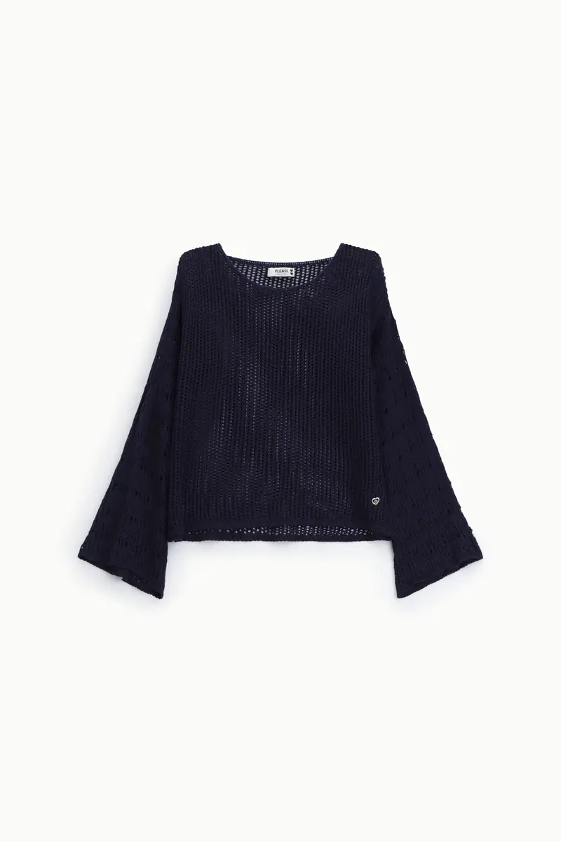 Maglione traforato maniche lunghe svasate girocollo Blu