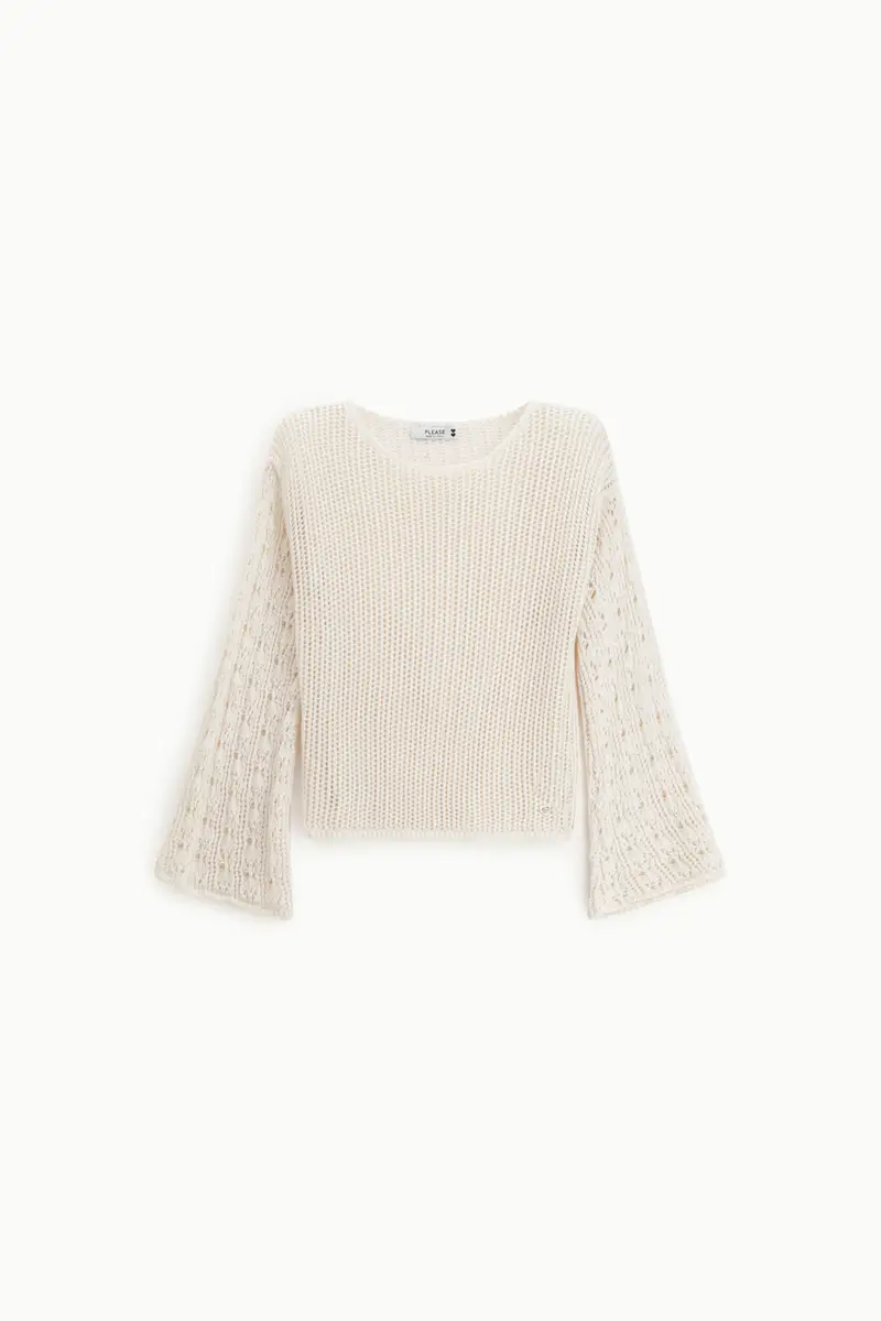 Maglione traforato maniche lunghe svasate girocollo Panna