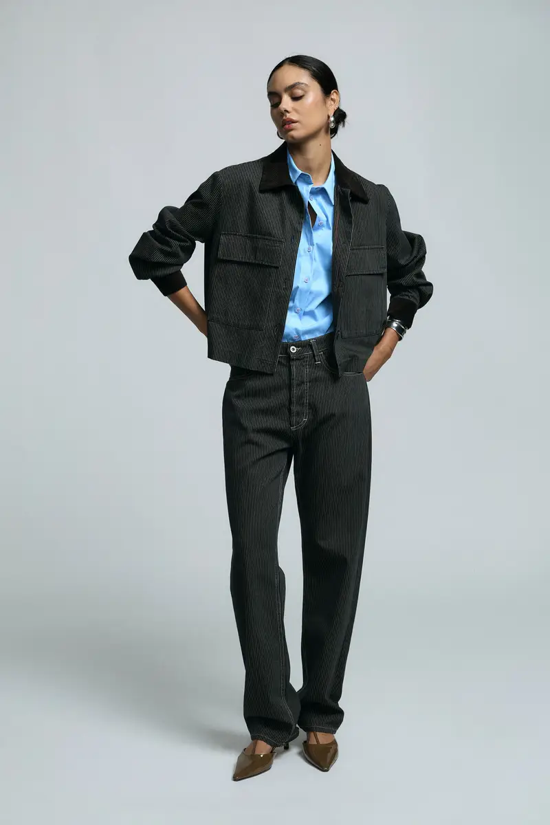 Pantaloni a righe fit dritto a vita media Denim miniatura 2