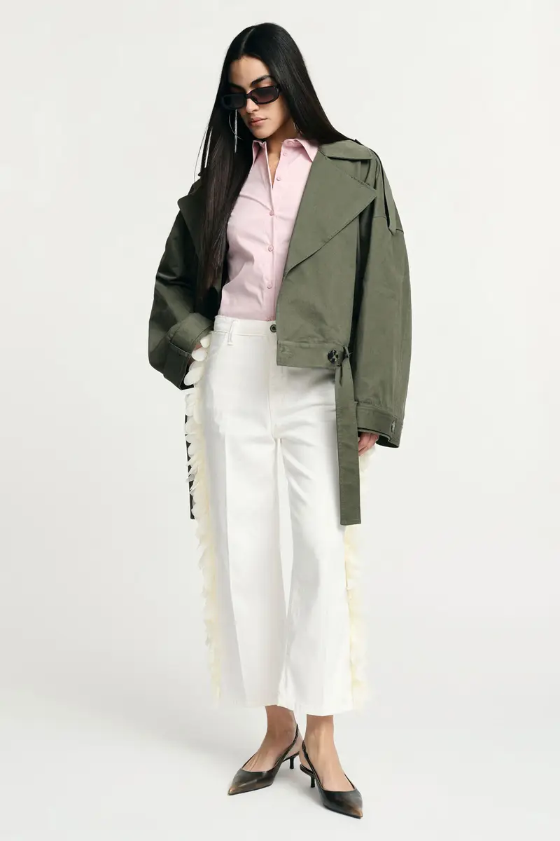 Pantaloni cropped a gamba dritta con applicazioni laterali Unbleached miniatura 2