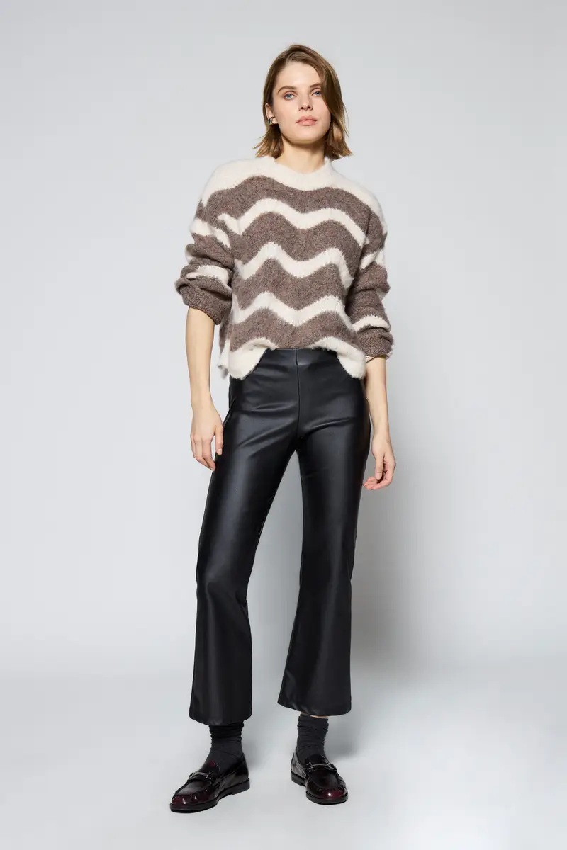 Pantaloni effetto pelle a zampa vita alta Nero miniatura 2