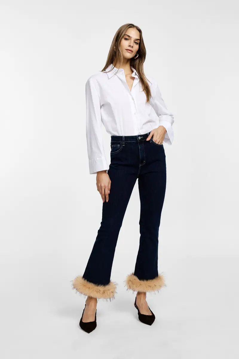 Pantaloni flare con fondo in ecopelliccia applicata Blu denim miniatura 2