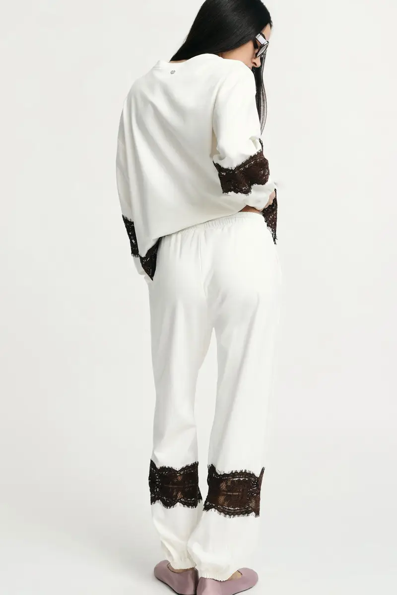 Pantaloni jogging con inserti in pizzo e coulisse Bianco miniatura 2