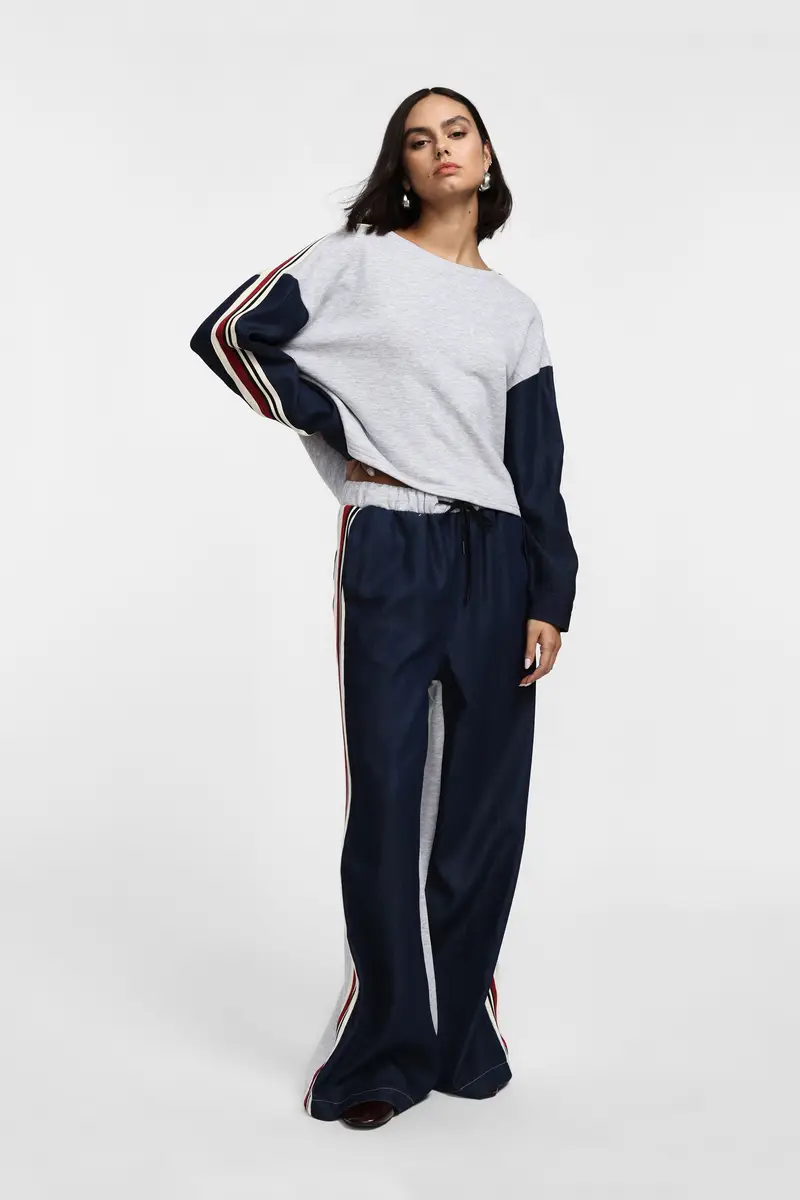 Pantaloni palazzo a blocchi con coulisse e bande Grigio chiaro miniatura 3