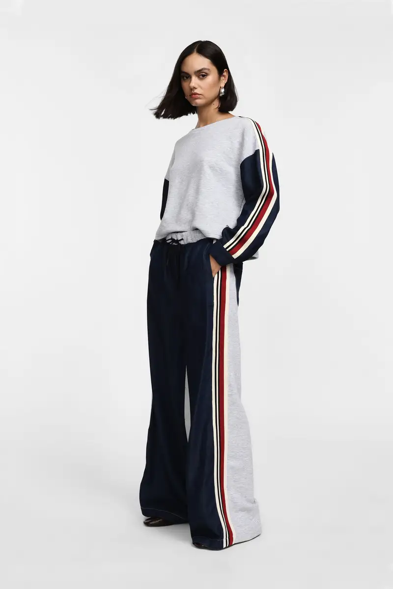 Pantaloni palazzo a blocchi con coulisse e bande Grigio chiaro miniatura 2