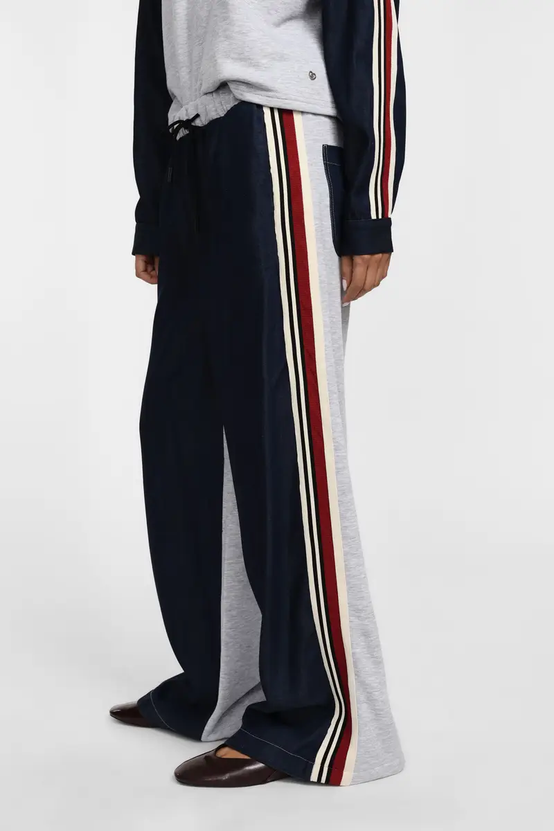 Pantaloni palazzo a blocchi con coulisse e bande Grigio chiaro miniatura 4