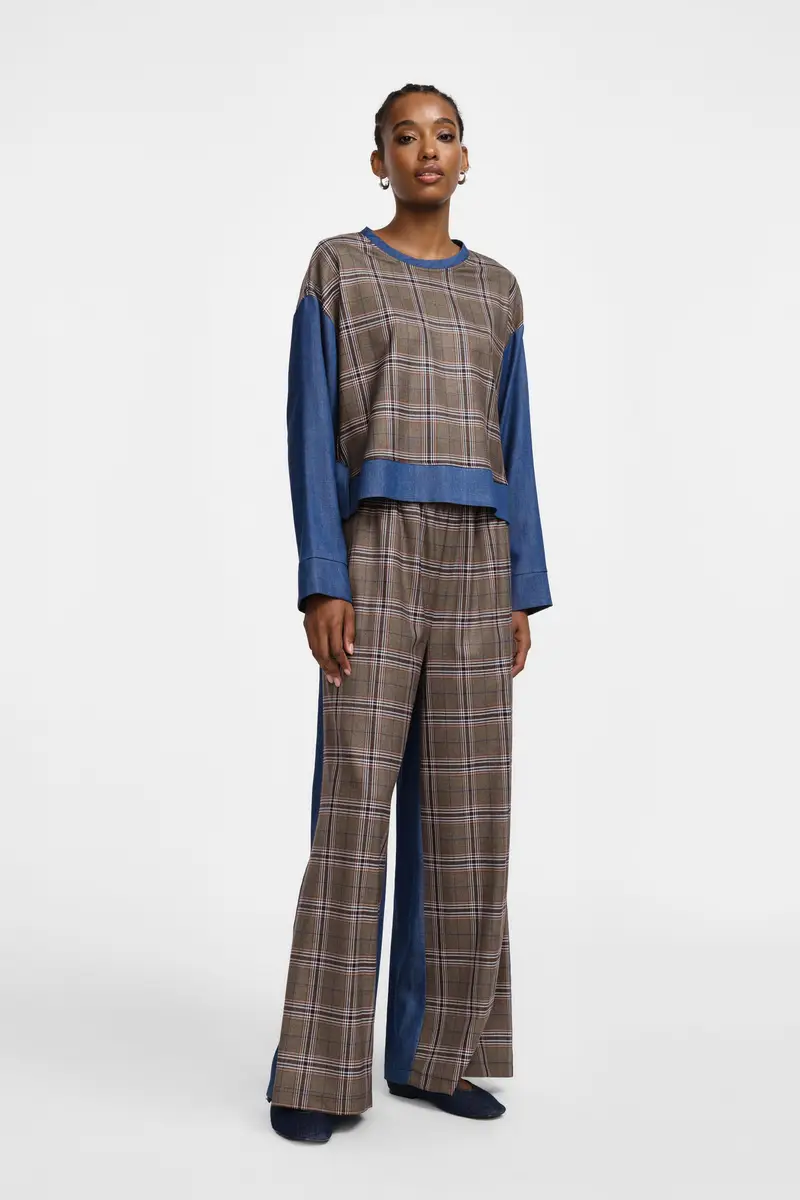 Pantaloni palazzo a quadri a vita alta Cammello miniatura 2