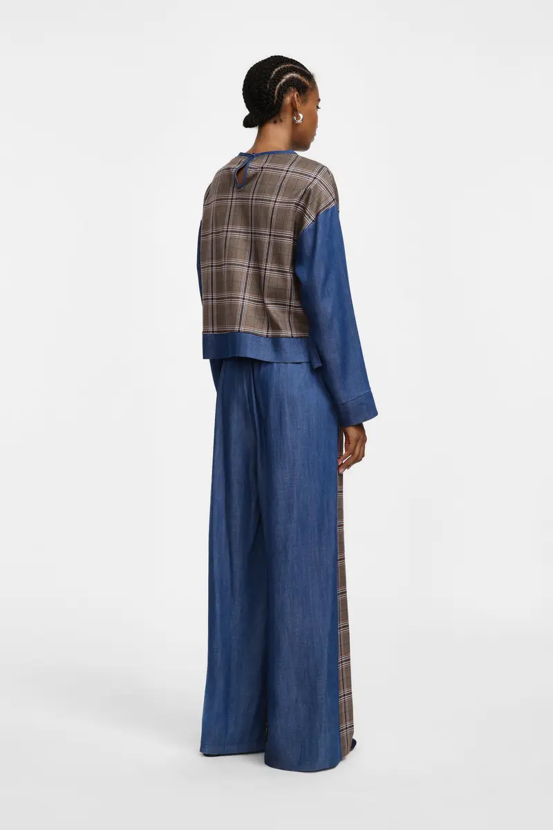 Pantaloni palazzo a quadri a vita alta Cammello miniatura 3