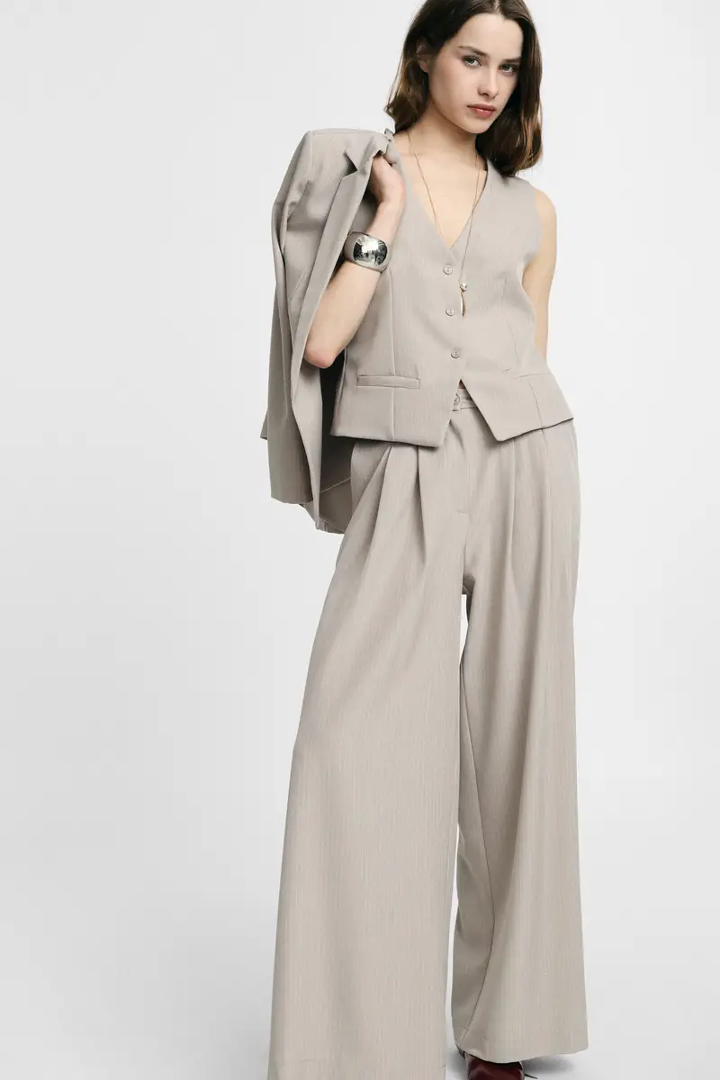 Pantaloni palazzo a righe con pinces e vita alta Beige melange miniatura 2