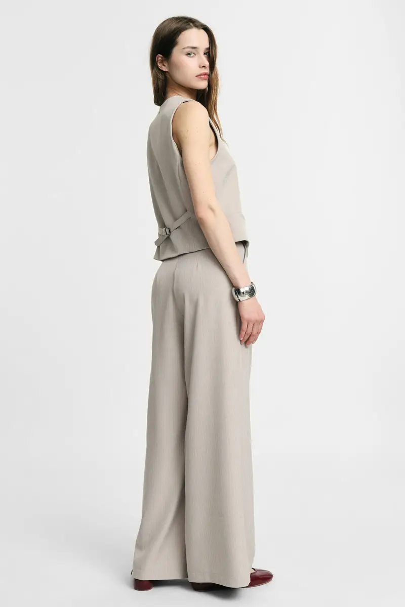 Pantaloni palazzo a righe con pinces e vita alta Beige melange miniatura 3