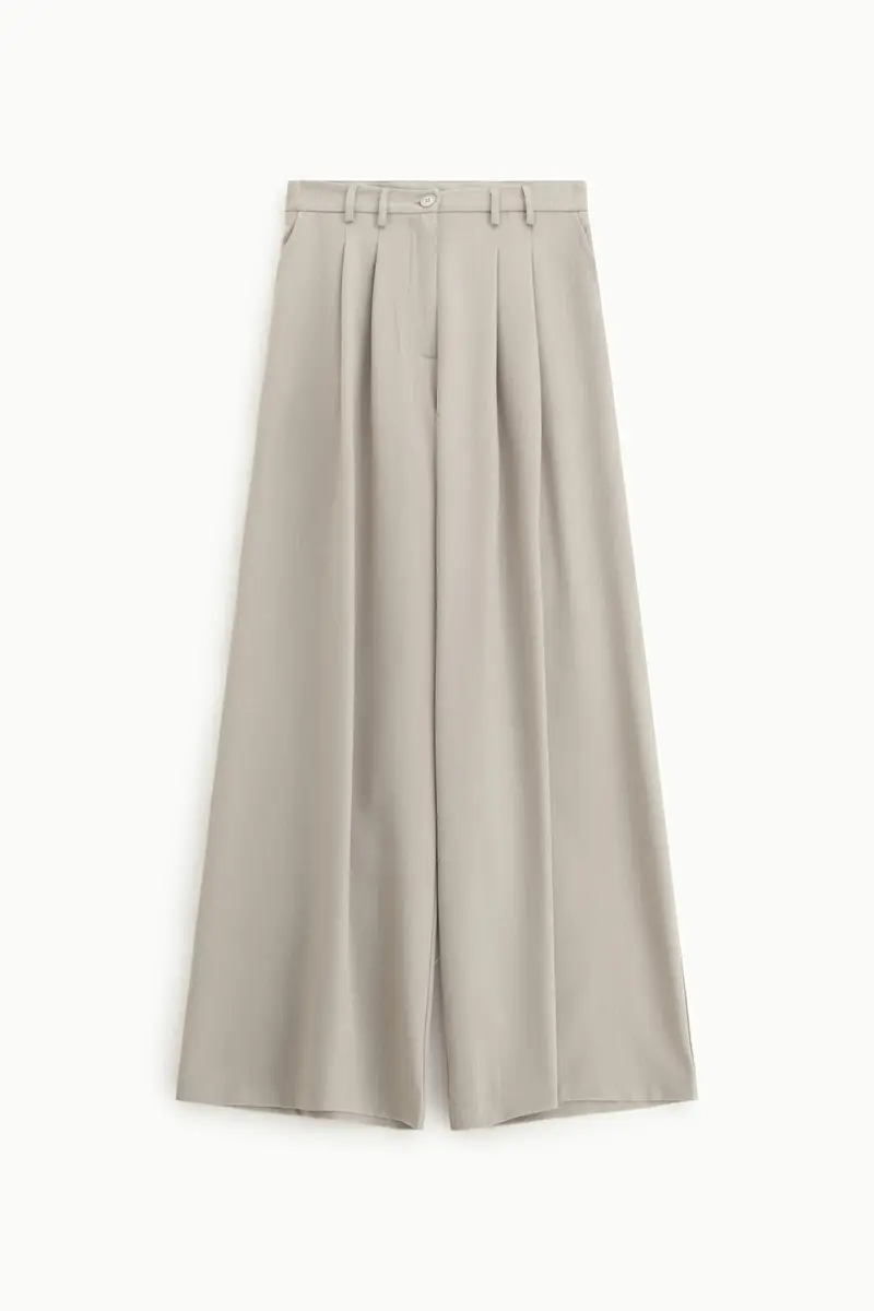 Pantaloni palazzo a righe con pinces e vita alta Beige melange