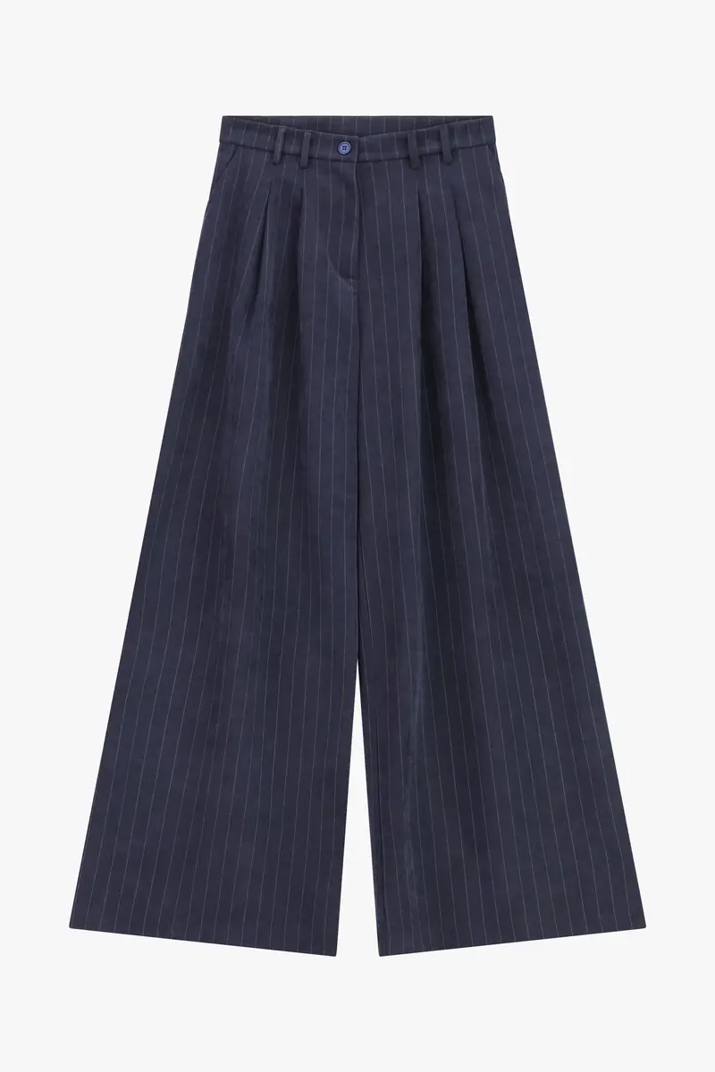 Pantaloni palazzo a righe con pinces e vita alta Blu