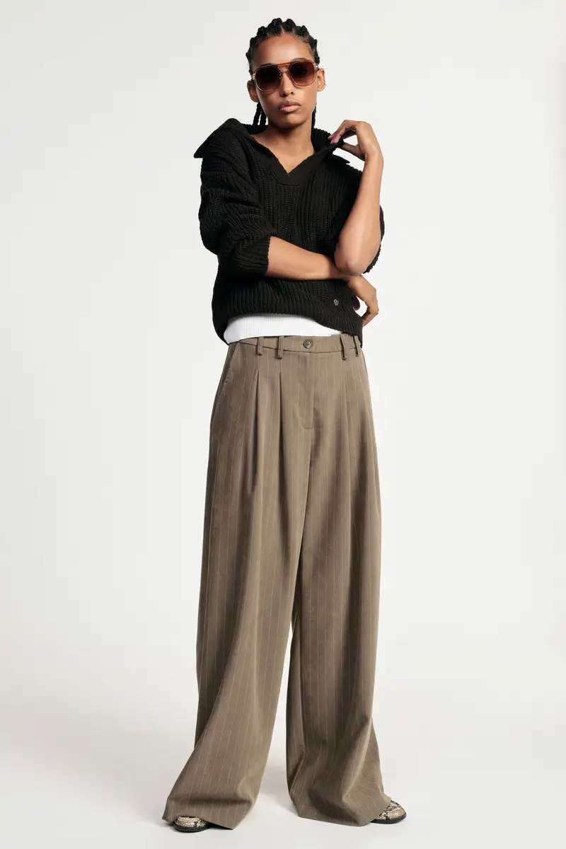 Pantaloni palazzo a righe con pinces e vita alta Kaky miniatura 2