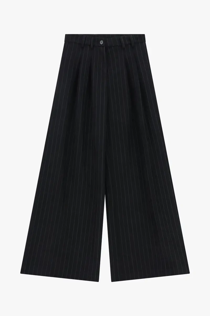Pantaloni palazzo a righe con pinces e vita alta Nero