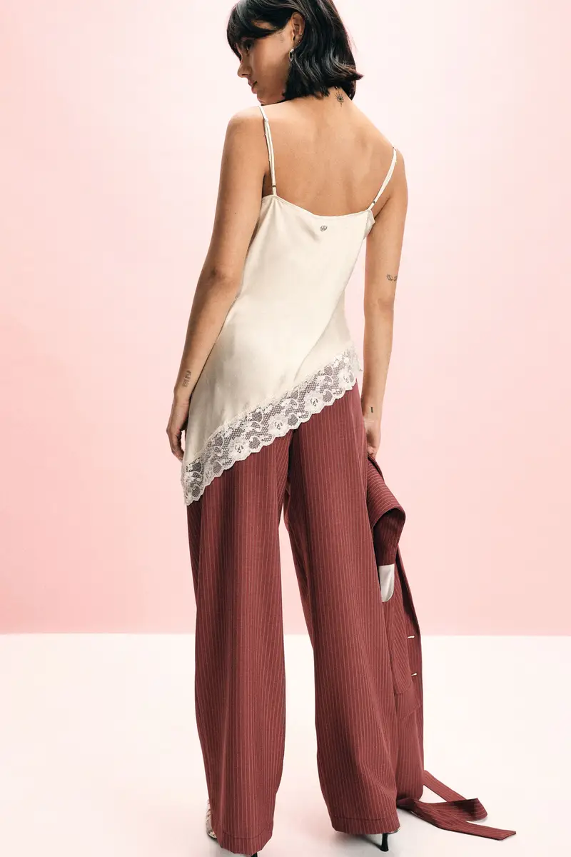 Pantaloni palazzo a righe con vita alta e pieghe Lampone miniatura 3