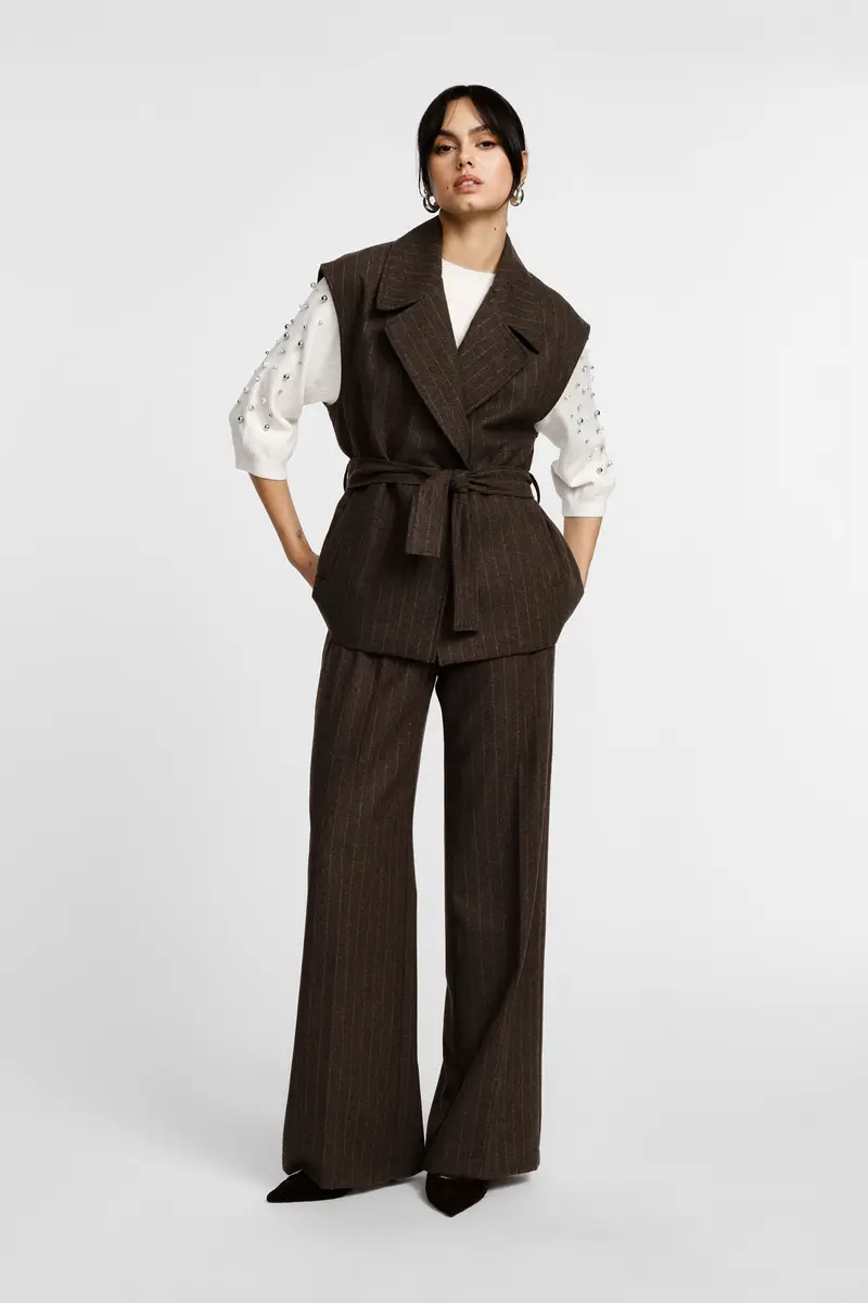 Pantaloni palazzo a righe vita alta pinces Cioccolato miniatura 2
