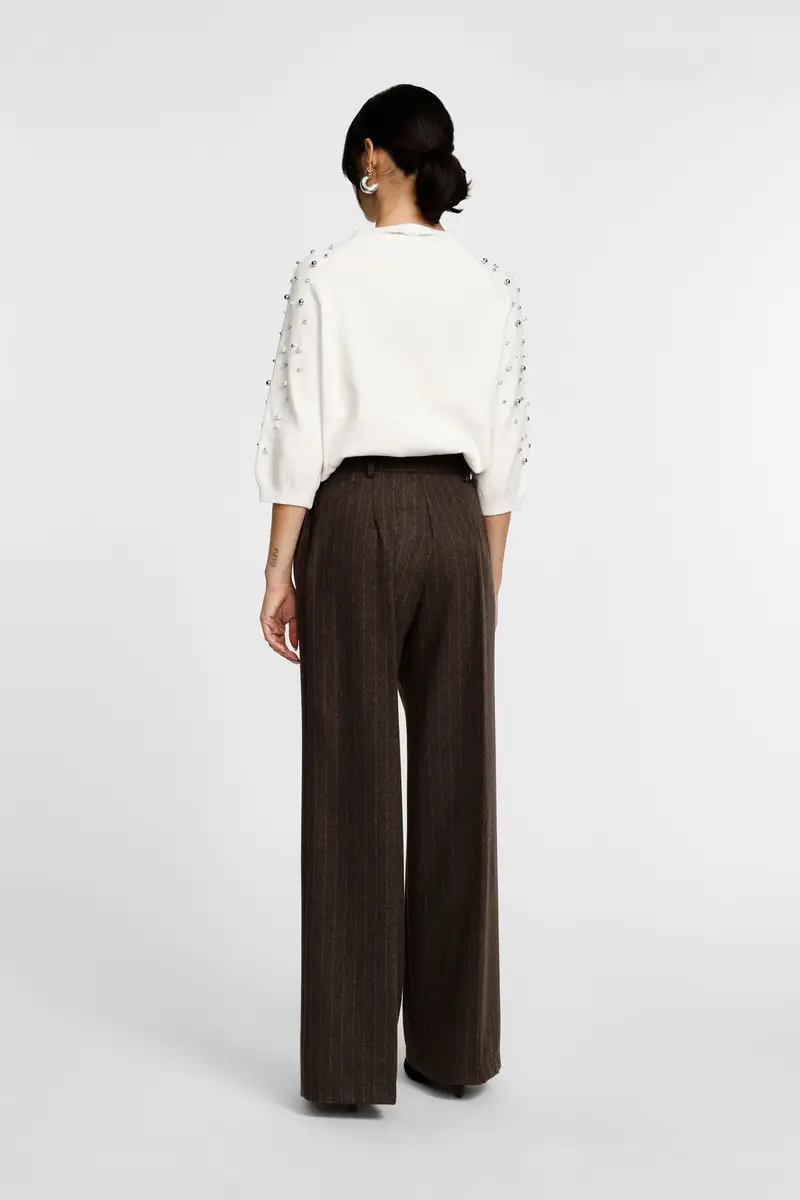 Pantaloni palazzo a righe vita alta pinces Cioccolato miniatura 3