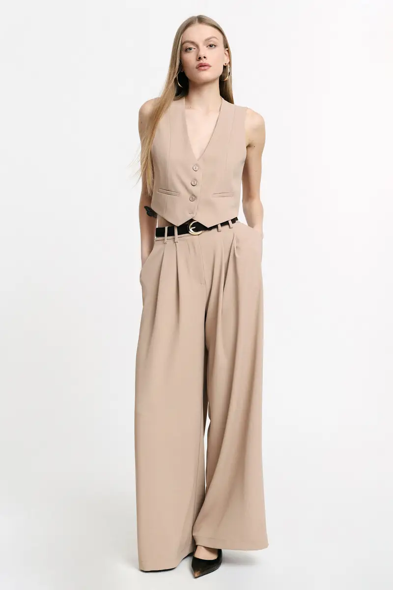 Pantaloni palazzo a vita alta con pinces Beige miniatura 2