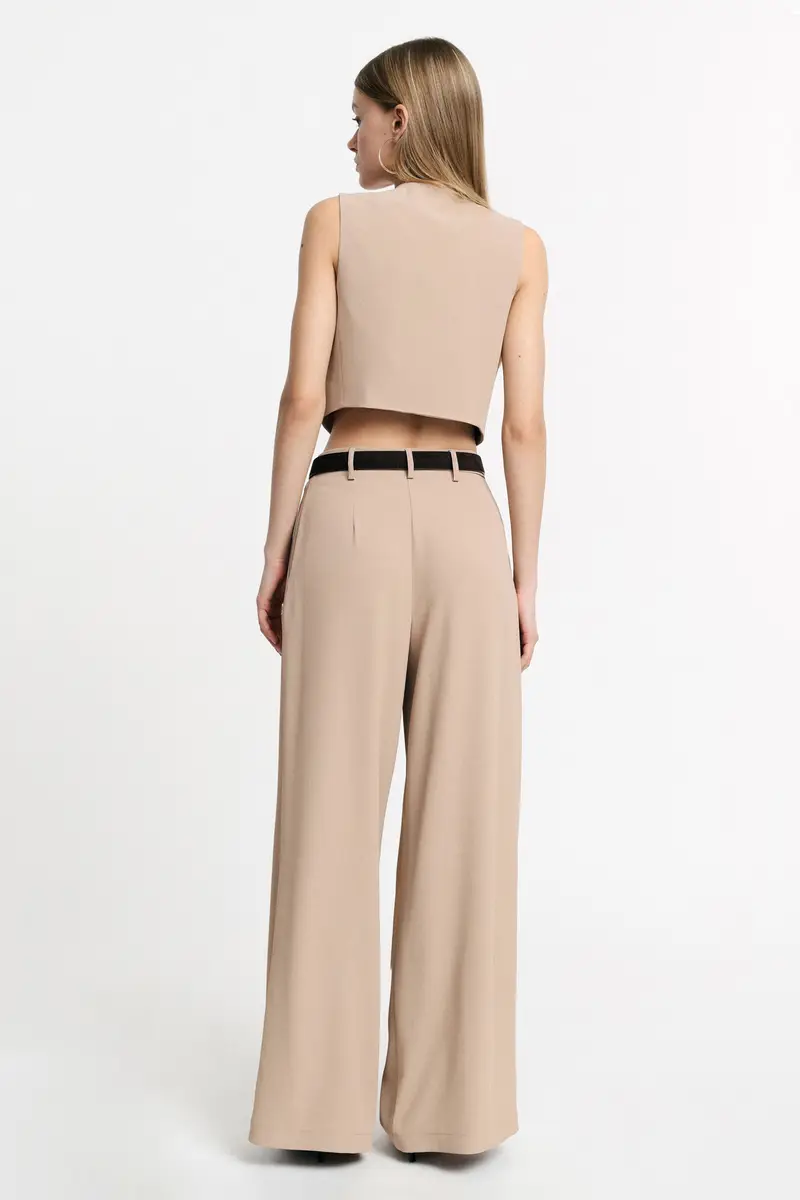Pantaloni palazzo a vita alta con pinces Beige miniatura 3