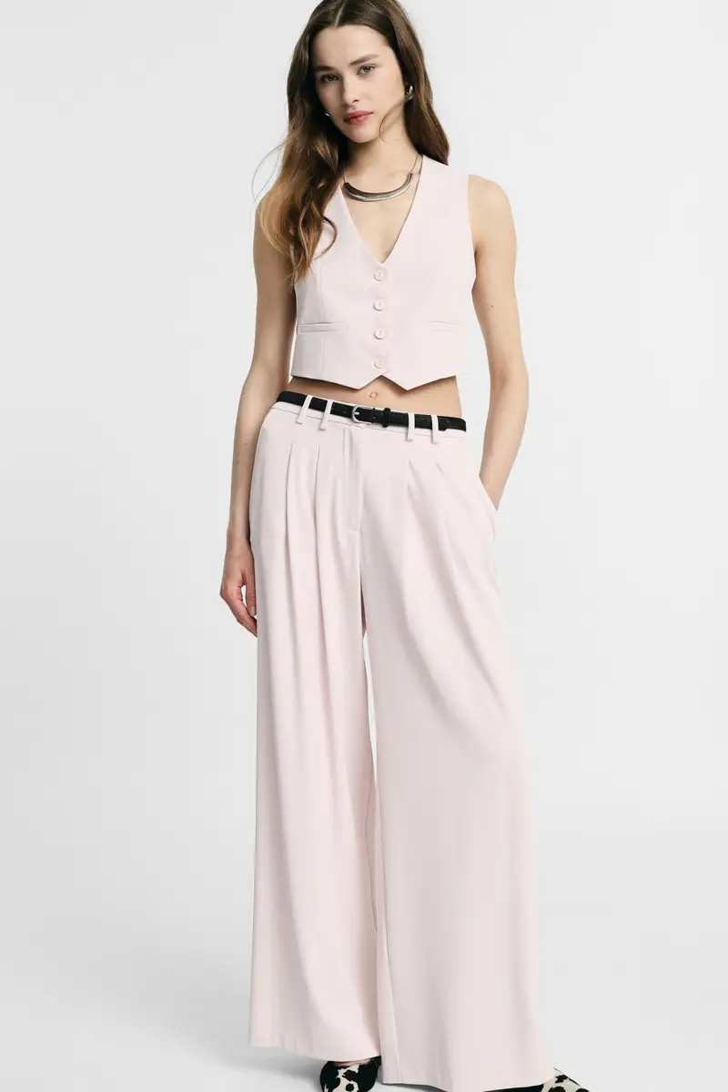 Pantaloni palazzo a vita alta con pinces Cipria miniatura 2