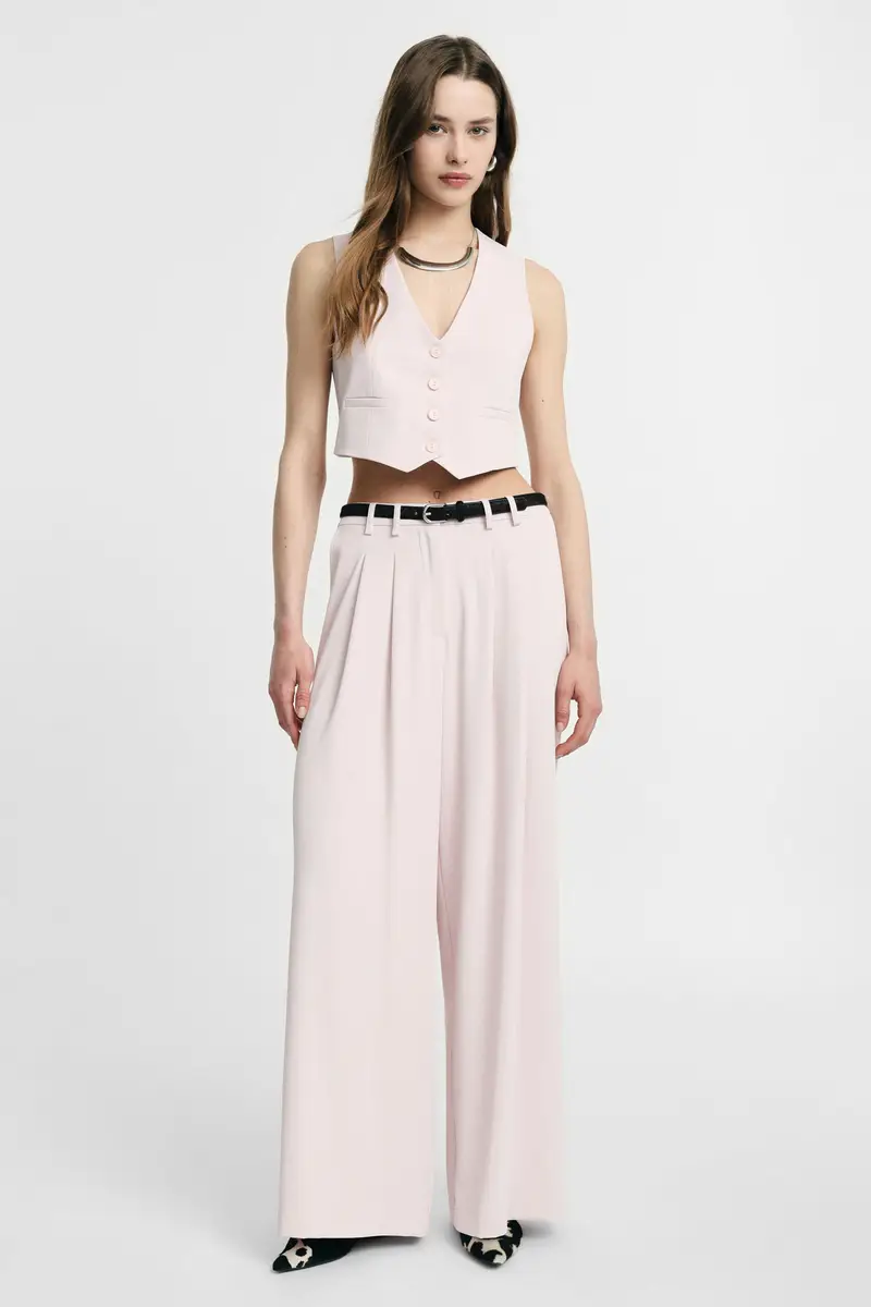 Pantaloni palazzo a vita alta con pinces Cipria miniatura 4