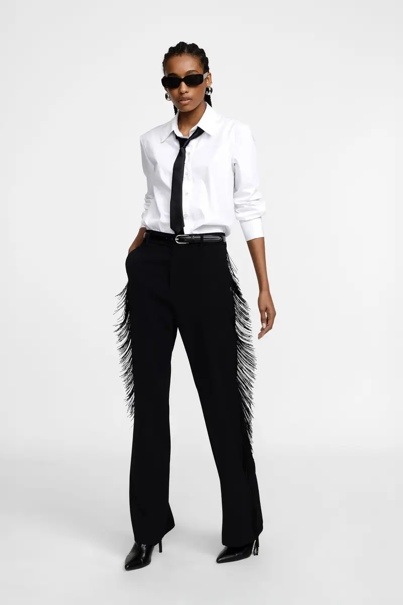 Pantaloni palazzo con frange lungo i lati Nero miniatura 2