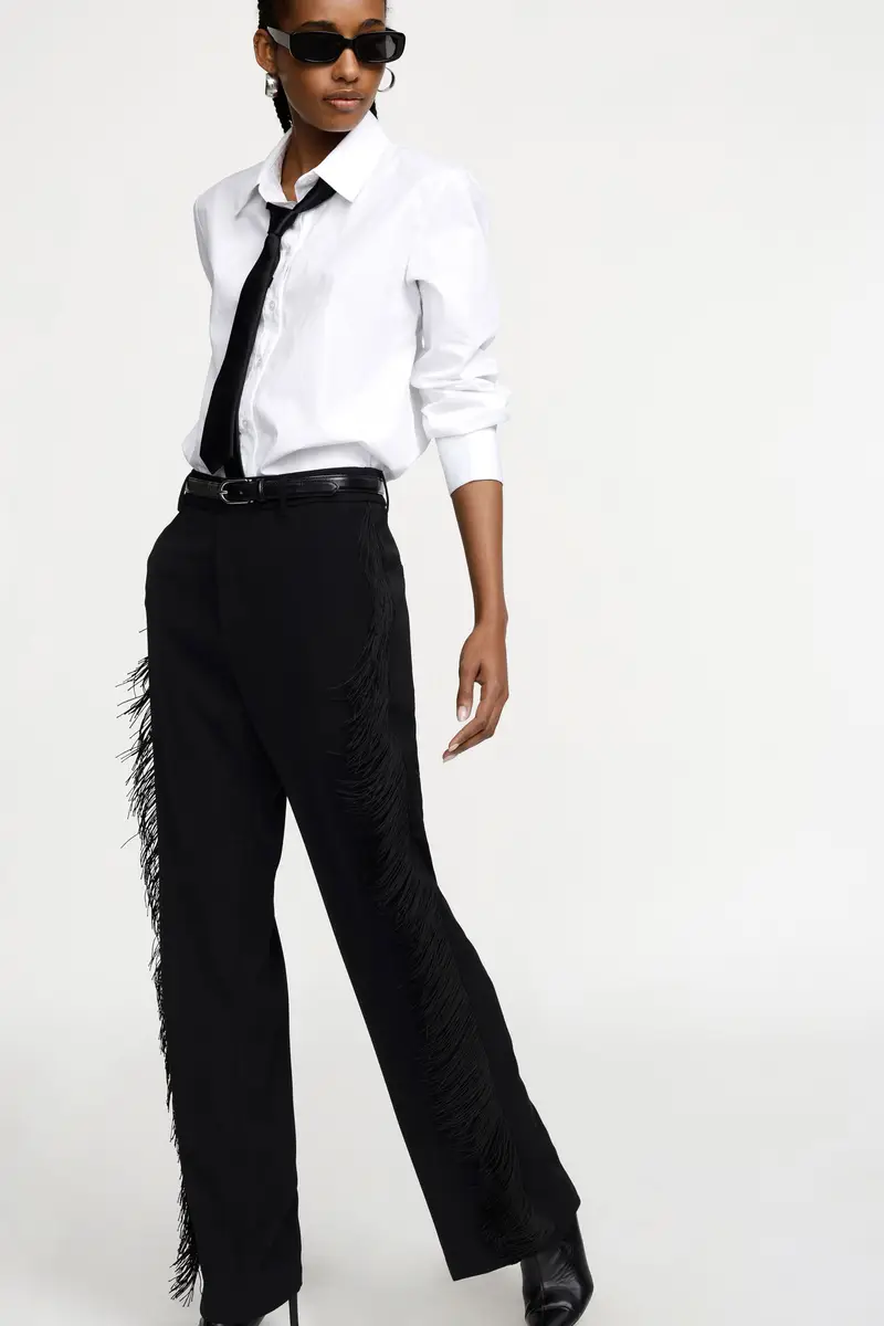 Pantaloni palazzo con frange lungo i lati Nero miniatura 3