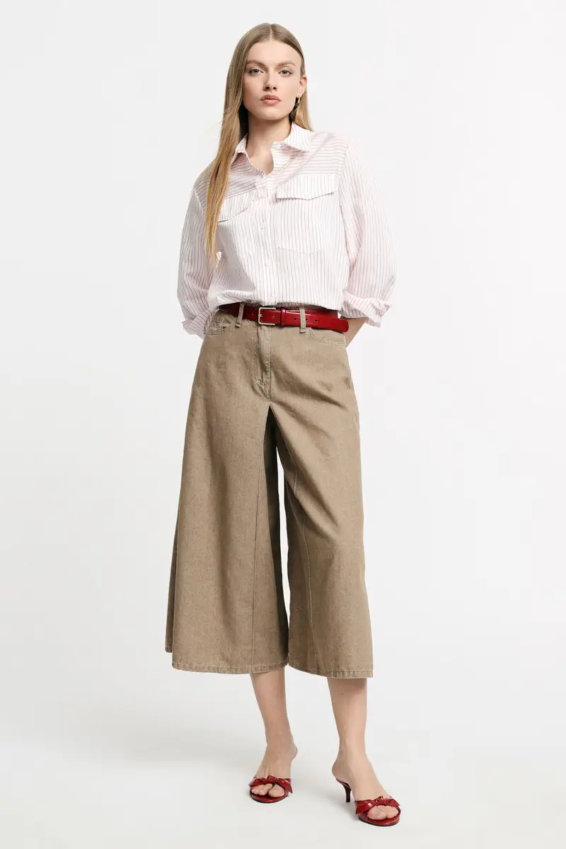 Pantaloni palazzo cropped a vita alta Verde kaki miniatura 2