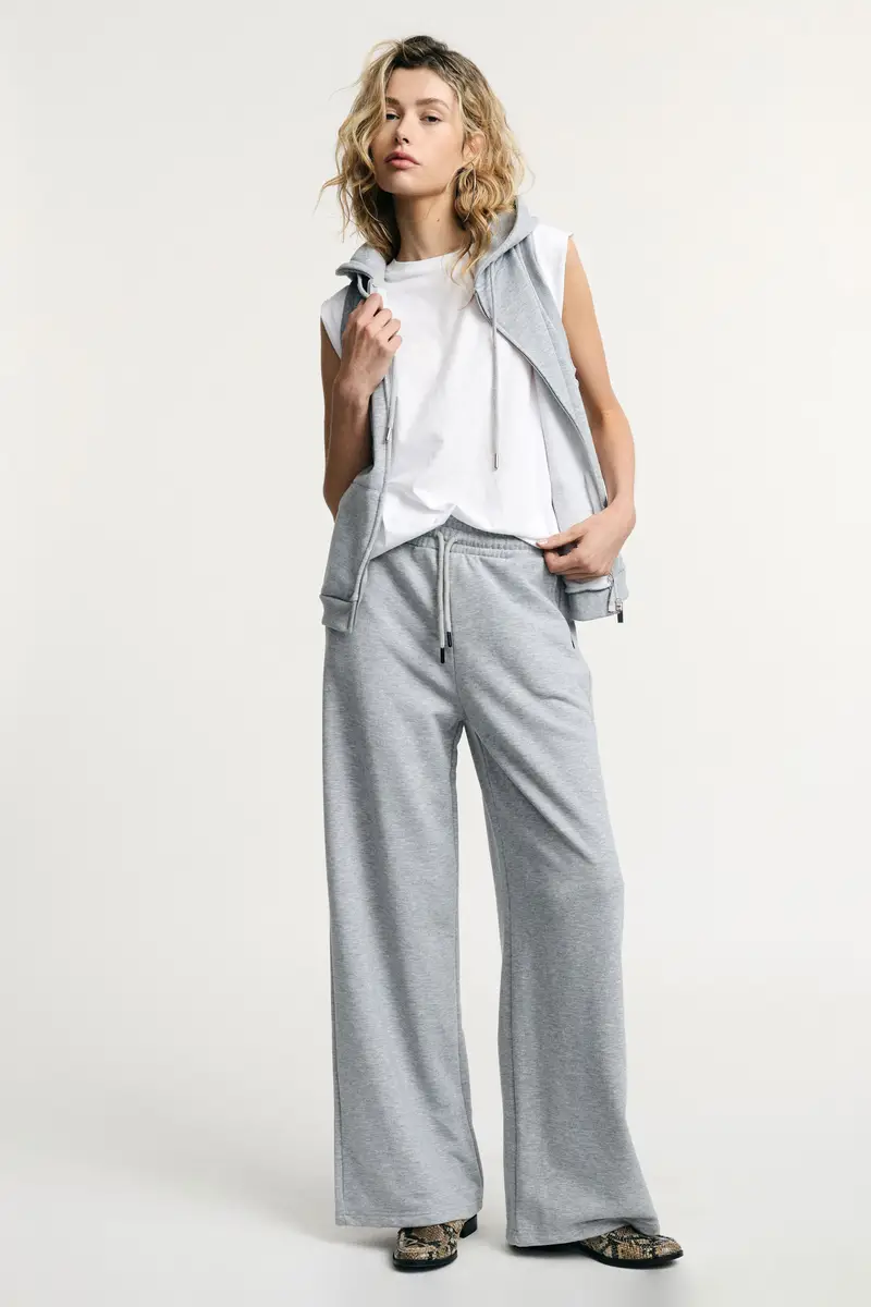 Pantaloni palazzo sportivi vita alta coulisse Grigio melange miniatura 2