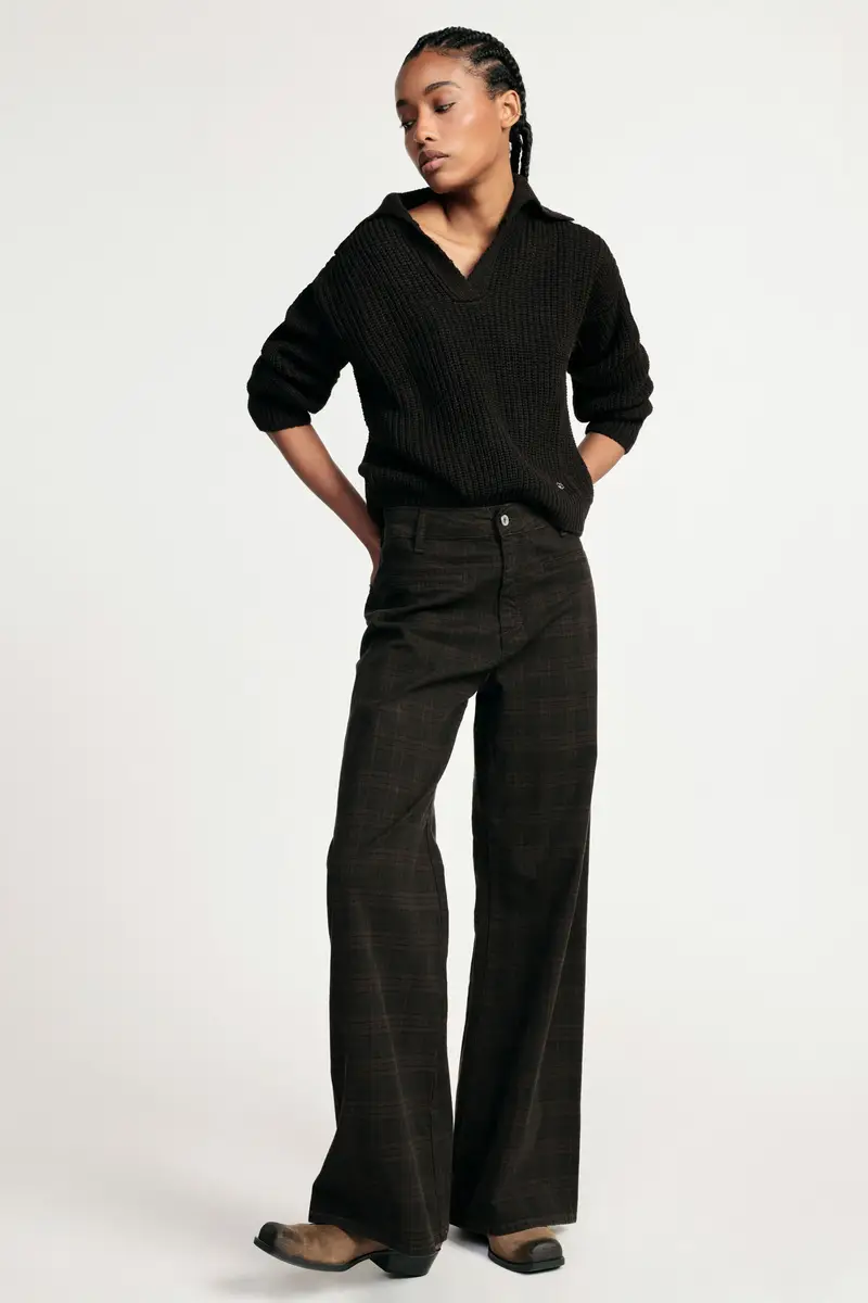 Pantaloni palazzo stampa check a vita alta Black coffee miniatura 2