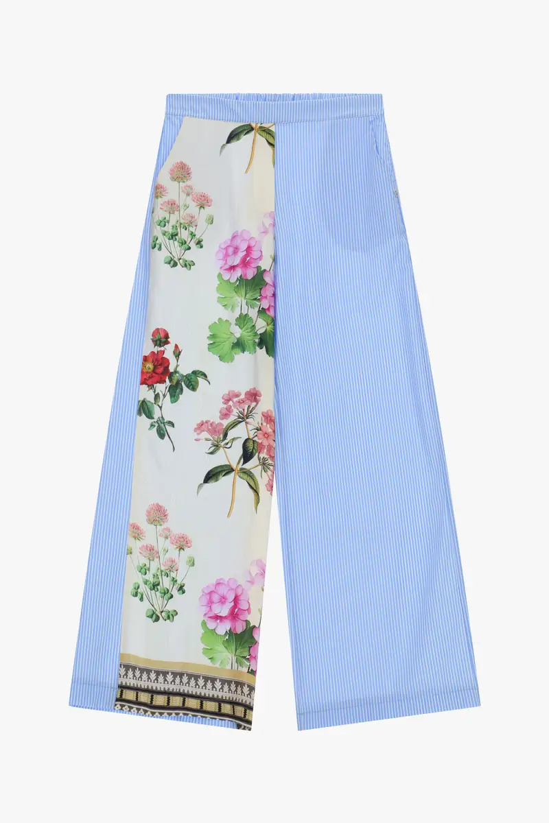 Pantaloni palazzo stampa floreale e righe Azzurro