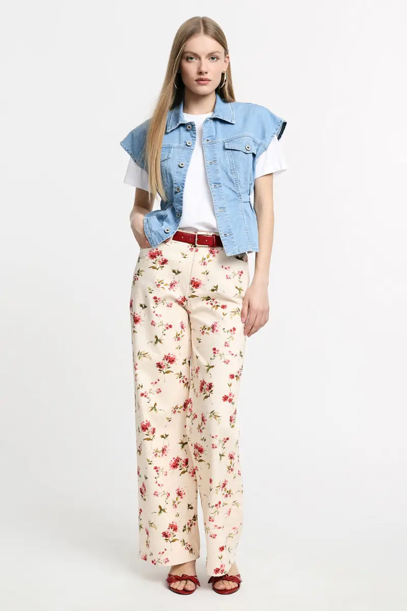 Pantaloni palazzo stampa floreale vita alta Beige miniatura 2