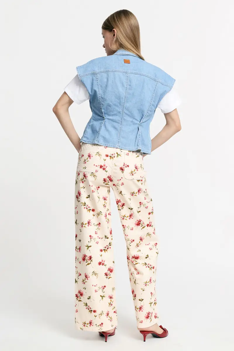 Pantaloni palazzo stampa floreale vita alta Beige miniatura 3