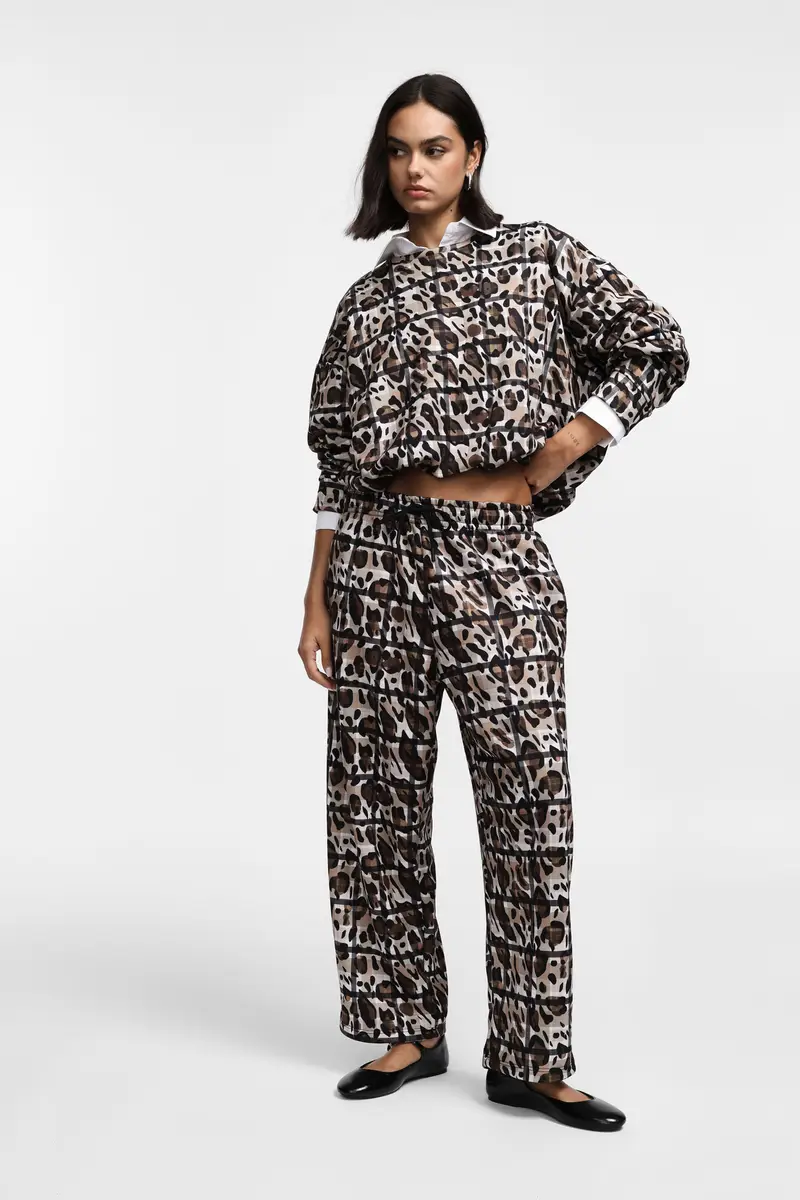 Pantaloni palazzo stampati vita alta con coulisse Nero miniatura 2