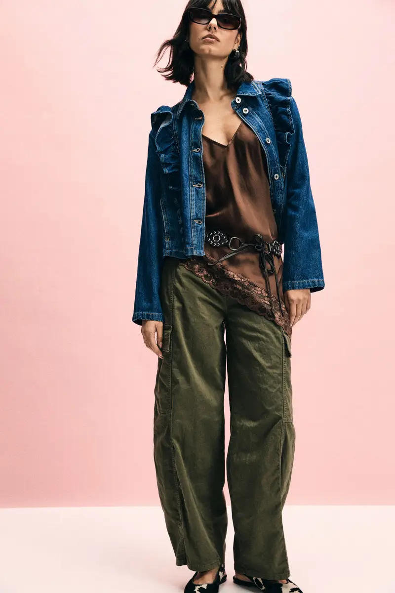 Pantaloni palazzo tasche cargo vita alta Nuovo kaki miniatura 2