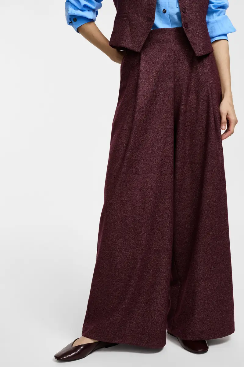 Pantaloni palazzo vita alta con pieghe frontali Bordeaux miniatura 4